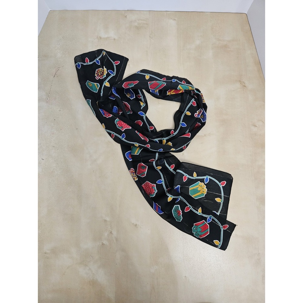 Christmas Scarf Black Sheer Lightweight Holiday Presents String Lights Wrap Vtg